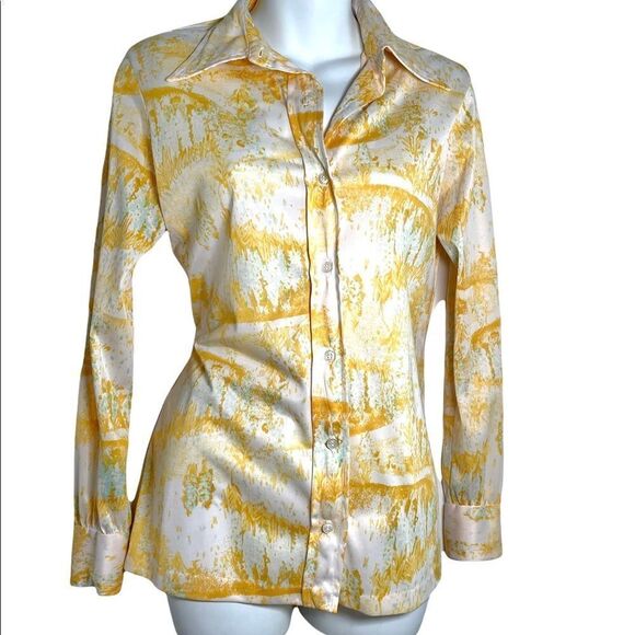 Vintage 1970s Vera Button Down Geometric Long Sleeve Shirt M Saffron Marigold - Picture 6 of 15